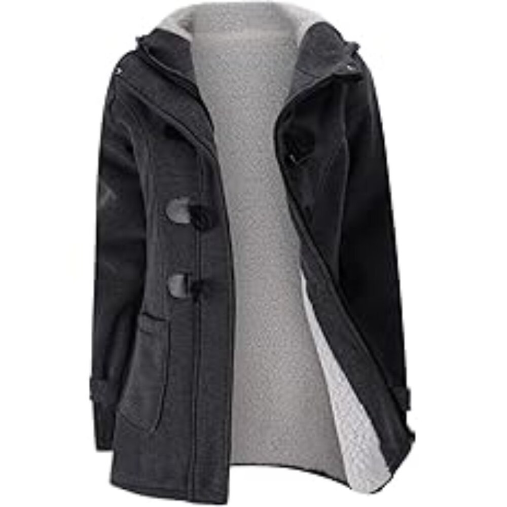 Womens Fashion Horn Button Fleece Thicken Coat with Hood Winter Warm Jacket